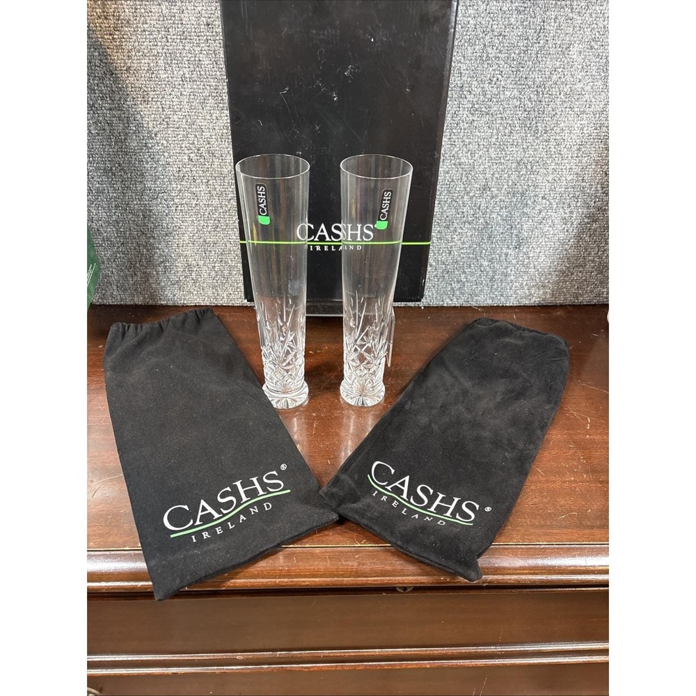 Cashs Irish Crystal Lager Pilsner Beer Glasses~Set of 2~Ireland 10" Tall~IOB